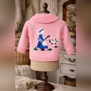 Vintage Handmade Pink Knit Zip Sweater – Child 6-7 Years – Wool / Little Bo Peep